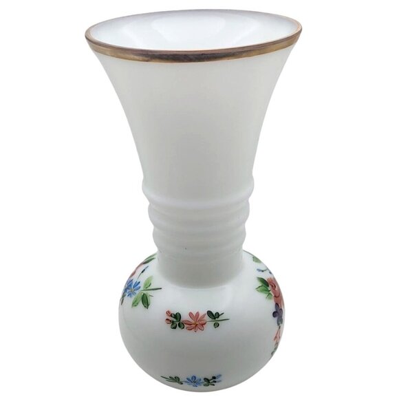 Vintage MCM Milk Glass Hand Painted Floral Ball Vase Gold Trim Ribbed Neck - Picture 5 of 7